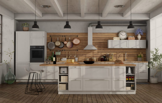 Retro white kitchen in a loft with island and barstool - 3d rendering